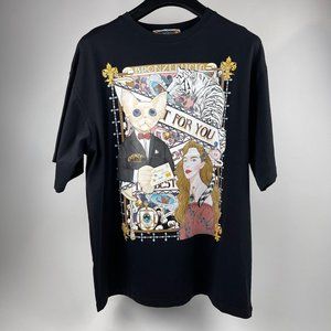Eclectic Graphic Black T-Shirt with Vintage-Inspired Print